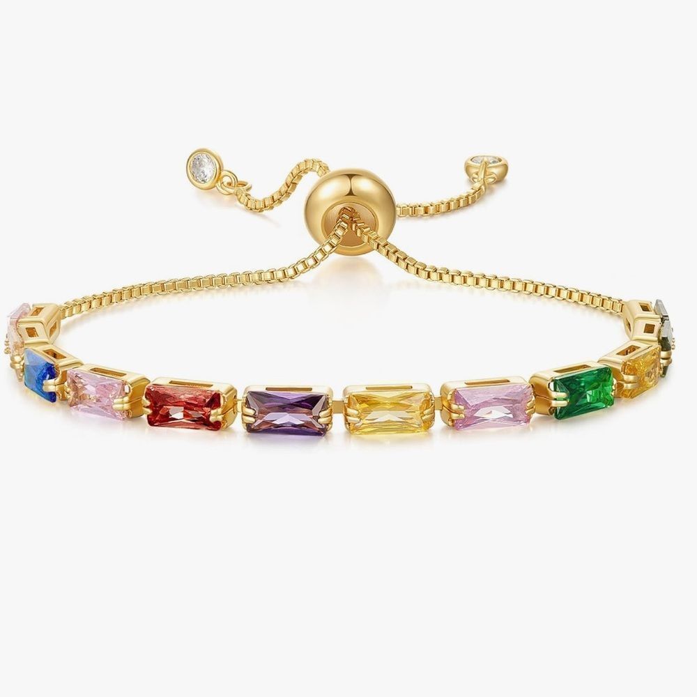 NEW 14K Gold Plated Cubic Zirconia Adjustable Multicolor Gemstone Gold Bracelet